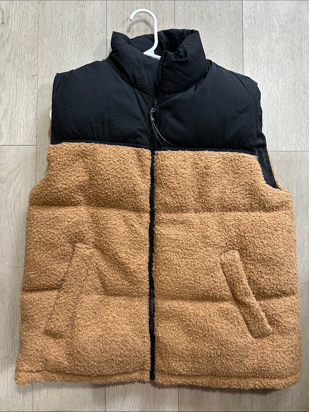 Black and Camel Sherpa Puffer Vest